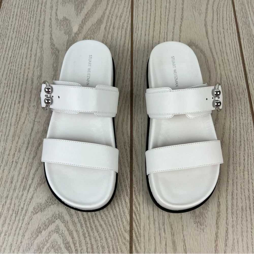 Stuart Weitzman Joni Leather Footbed Buckle Strap Slide Sandals 5.5B White $325